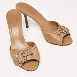 Gucci Brown Leather Icon Bit Slide Sandals Size 37.5