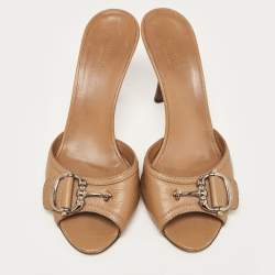 Gucci Brown Leather Icon Bit Slide Sandals Size 37.5