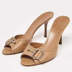Gucci Brown Leather Icon Bit Slide Sandals Size 37.5