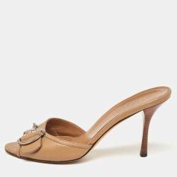 Gucci Brown Leather Icon Bit Slide Sandals Size 37.5