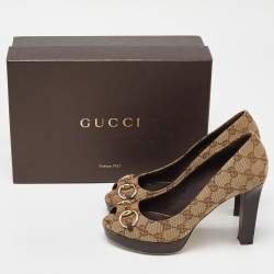 Pre Owned Gucci Beige GG Canvas New Hollywood Horsebit Peep Toe Pumps Size 38
