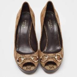 Pre Owned Gucci Beige GG Canvas New Hollywood Horsebit Peep Toe Pumps Size 38