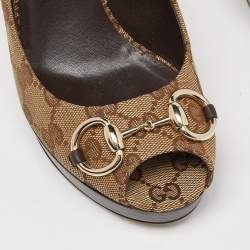 Pre Owned Gucci Beige GG Canvas New Hollywood Horsebit Peep Toe Pumps Size 38