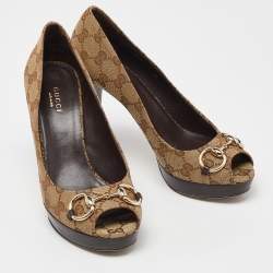 Pre Owned Gucci Beige GG Canvas New Hollywood Horsebit Peep Toe Pumps Size 38