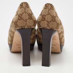 Pre Owned Gucci Beige GG Canvas New Hollywood Horsebit Peep Toe Pumps Size 38