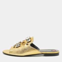 Pre Owned Gucci Gold Leather Horsebit Crystal Embellished Flat Slides Size 39