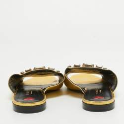 Pre Owned Gucci Gold Leather Horsebit Crystal Embellished Flat Slides Size 39