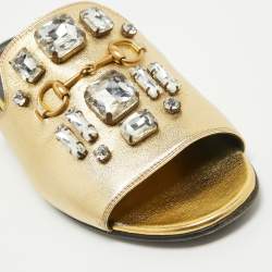 Pre Owned Gucci Gold Leather Horsebit Crystal Embellished Flat Slides Size 39