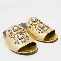 Pre Owned Gucci Gold Leather Horsebit Crystal Embellished Flat Slides Size 39