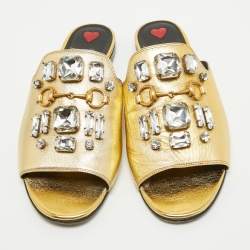 Pre Owned Gucci Gold Leather Horsebit Crystal Embellished Flat Slides Size 39
