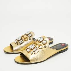 Pre Owned Gucci Gold Leather Horsebit Crystal Embellished Flat Slides Size 39