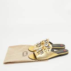 Pre Owned Gucci Gold Leather Horsebit Crystal Embellished Flat Slides Size 39