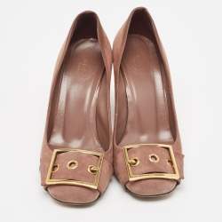 Pre Owned Gucci Brown Suede Buckle Detail Block Heel Pumps Size 39