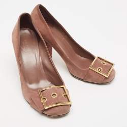 Pre Owned Gucci Brown Suede Buckle Detail Block Heel Pumps Size 39