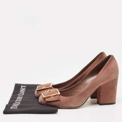 Pre Owned Gucci Brown Suede Buckle Detail Block Heel Pumps Size 39