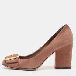 Pre Owned Gucci Brown Suede Buckle Detail Block Heel Pumps Size 39