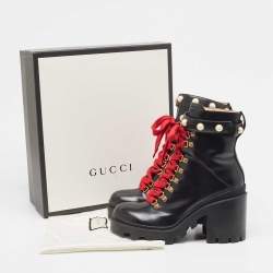 Pre Owned Gucci Black Leather Faux Pearl Embellished Ankle Boots Size 41