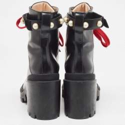 Pre Owned Gucci Black Leather Faux Pearl Embellished Ankle Boots Size 41