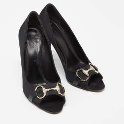 Gucci Black Satin Horsebit Peep Toe Pumps Size 38