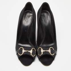 Gucci Black Satin Horsebit Peep Toe Pumps Size 38