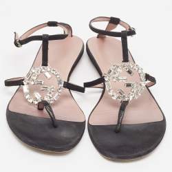 Gucci Black Suede Crystal Embellished Interlocking G Flat Sandals Size 39