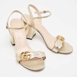 Pre Owned Gucci Gold Leather GG Marmont Ankle Strap Sandals Size 37
