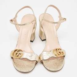 Pre Owned Gucci Gold Leather GG Marmont Ankle Strap Sandals Size 37