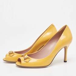 Pre Owned Gucci Yellow Patent Leather Horsebit Peep Toe Pumps Size 38