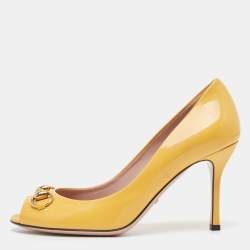 Pre Owned Gucci Yellow Patent Leather Horsebit Peep Toe Pumps Size 38
