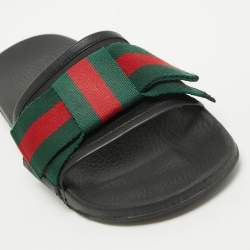 Pre Owned Gucci Tricolor Leather and Fabric Web Bow Pool Slides Size 37
