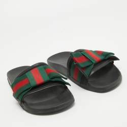 Pre Owned Gucci Tricolor Leather and Fabric Web Bow Pool Slides Size 37