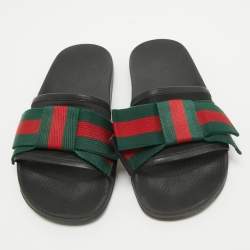 Pre Owned Gucci Tricolor Leather and Fabric Web Bow Pool Slides Size 37