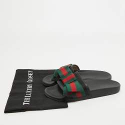 Pre Owned Gucci Tricolor Leather and Fabric Web Bow Pool Slides Size 37
