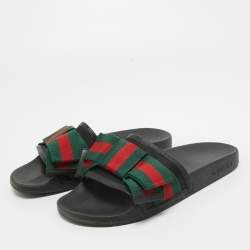 Pre Owned Gucci Tricolor Leather and Fabric Web Bow Pool Slides Size 37