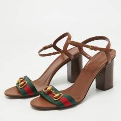 Gucci  Brown Leather Web Horsebit Ankle Strap Sandals Size 38.5
