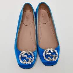 Gucci Blue Satin Interlocking G Crystals Ballet Flats Size 37.5