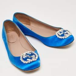 Gucci Blue Satin Interlocking G Crystals Ballet Flats Size 37.5