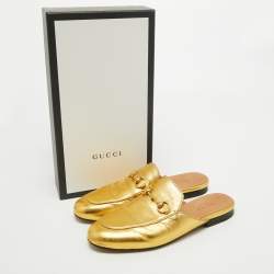 Pre Owned Gucci Metallic Gold Leather Princetown Flat Mules Size 36