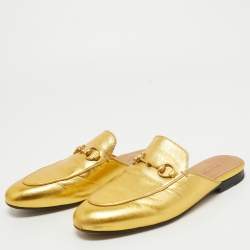 Pre Owned Gucci Metallic Gold Leather Princetown Flat Mules Size 36
