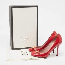 مملوكة مسبقًا Gucci Red Patent Leather Jolene Horsebit Square Toe Pumps Size 37.5