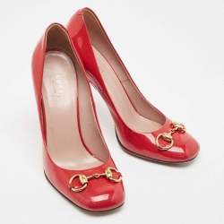 مملوكة مسبقًا Gucci Red Patent Leather Jolene Horsebit Square Toe Pumps Size 37.5