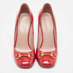 مملوكة مسبقًا Gucci Red Patent Leather Jolene Horsebit Square Toe Pumps Size 37.5