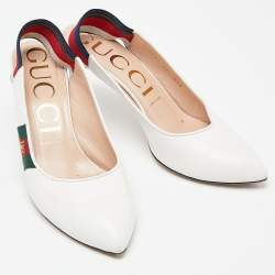 Pre Owned Gucci White Leather Sylvie Accent Slingback Pumps Size 39