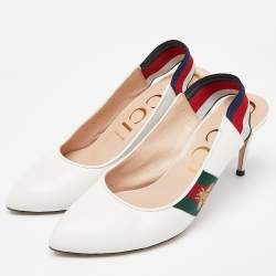 Pre Owned Gucci White Leather Sylvie Accent Slingback Pumps Size 39
