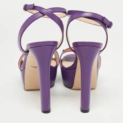 Pre Owned Gucci Purple Leather Claudie Horsebit Platform Ankle Strap Sandals Size 38.5