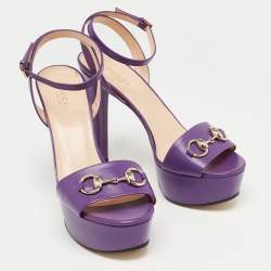 Pre Owned Gucci Purple Leather Claudie Horsebit Platform Ankle Strap Sandals Size 38.5