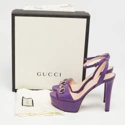 Pre Owned Gucci Purple Leather Claudie Horsebit Platform Ankle Strap Sandals Size 38.5