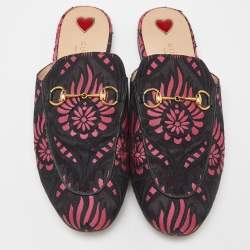 Gucci Black/Pink Printed Fabric Princetown Flat Mules Size 40