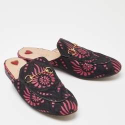 Gucci Black/Pink Printed Fabric Princetown Flat Mules Size 40