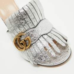Gucci Silver Foil Leather GG Marmont Fringe Details Open Toe Sandals Size 38